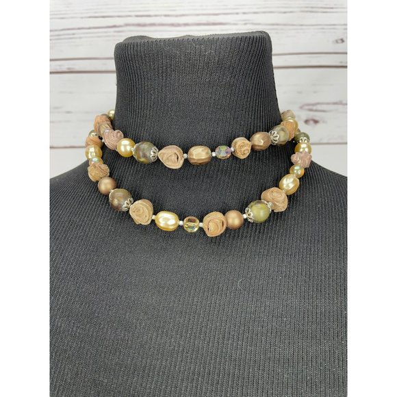 Vintage Made in Japan 70's Double-Strand Beaded Necklace Brown Tan Beige Coral A - Picture 8 of 8